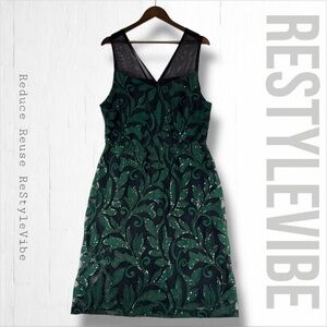 LANE BRYANT Women’s Size 12 Dress Column Green Sequin Leaves Sheer Lined Formal
